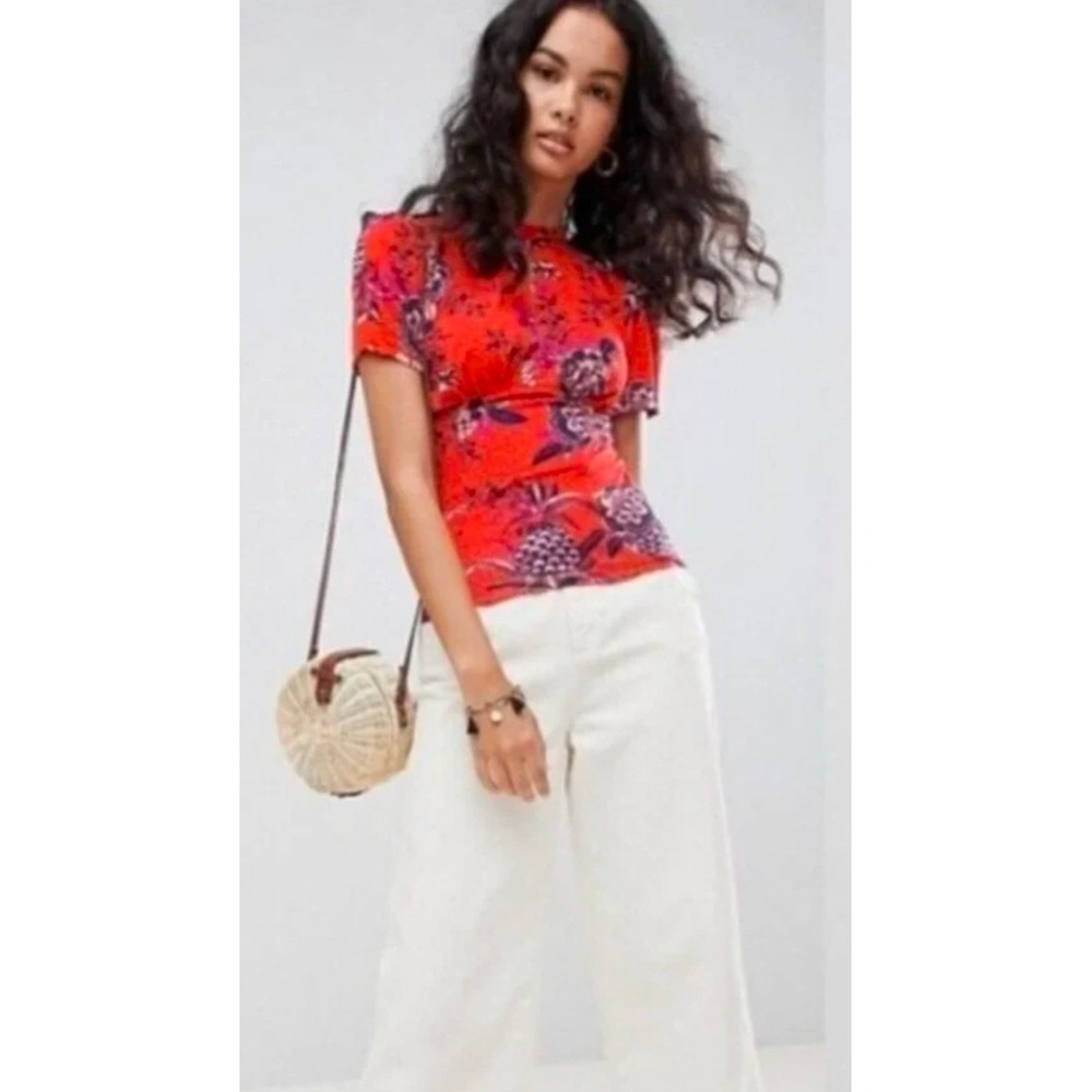 Free People Floral & Leopard Keyhole Mock Neck Top Rust Orange Size Small